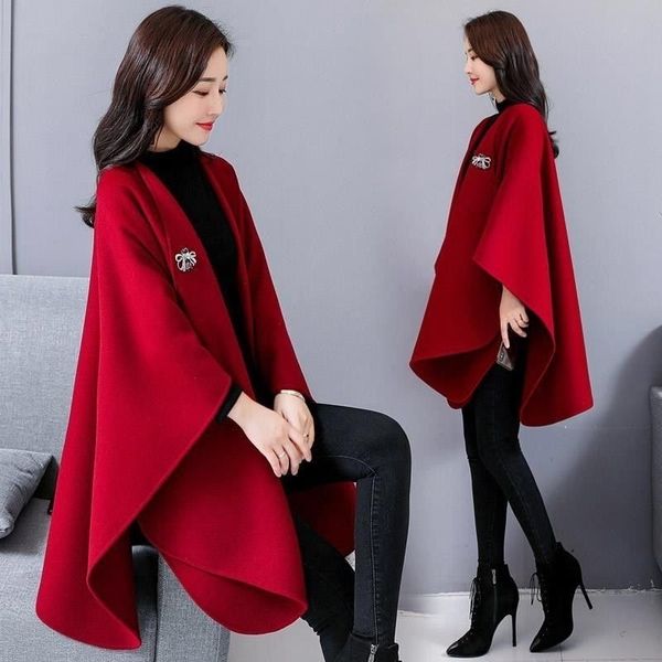 

autumn and winter new women's cape knitted red woolen tide shawl womens long jacket coat women, Black