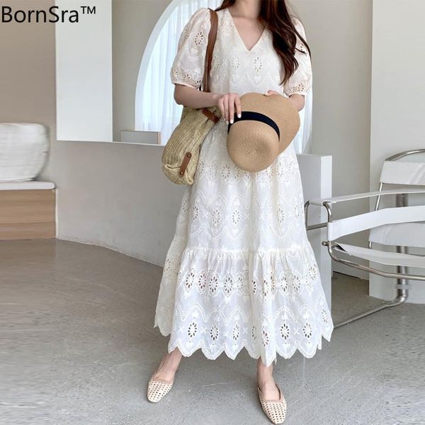 

bornsra 2020 summer korea's chic elegant embroidery hollow out v-neck short mid-calf solid regular cotton women white dress, Black;gray
