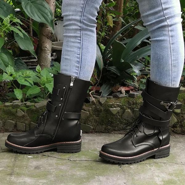 

sagace boot women winter fashion women square heels buckle strap solid color mid boot round toe shoes zapatos de mujer zapatos1, Black