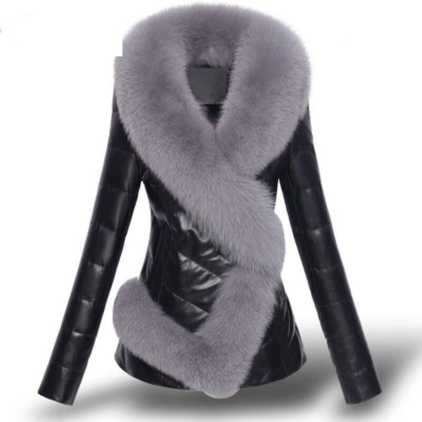 

women's leather & faux fur thicken down jacket coat ffemale imitation short slim collar pu autumn and winter women, Black