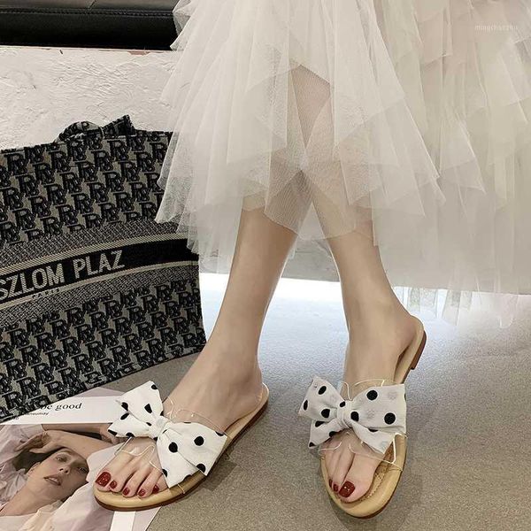 

slippers dot bow flat women pvc transparent open toe slides summer elegant beach soft sole black white1