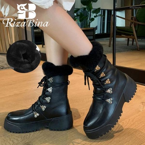

boots rizabina women snow real leather plush fur warm winter shoes woman high heel short lady footwear platform size 34-391, Black