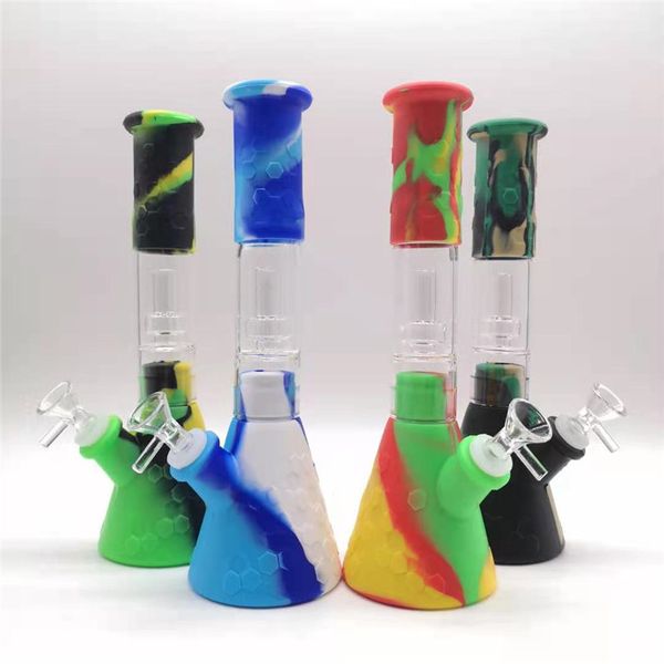 Silicone Beaker Bongo Percoladores Percácido de Água De Água Shisha Hookah Tubo de Percolador Define com tigela de vidro fumar bonges