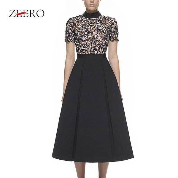 

2020 runway dress women fashion self-portrait embroidery lace hollow out patchwork short sleeve long vintage slim dress vestidos, White;black