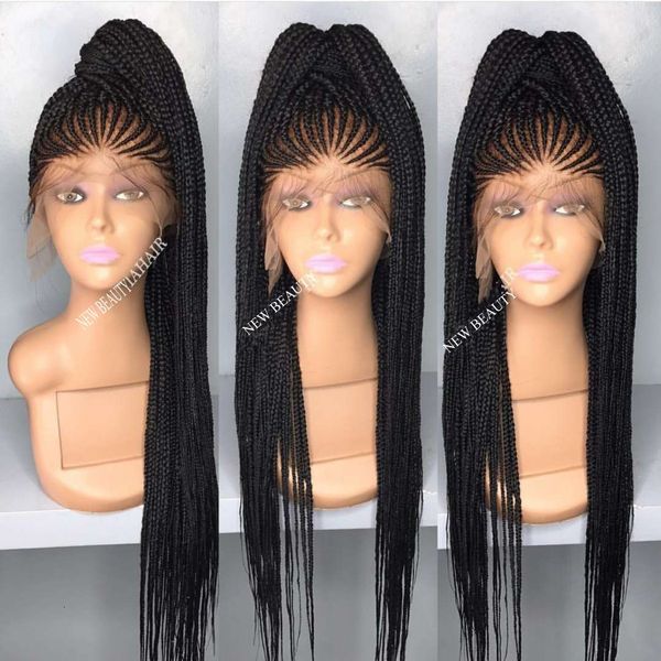 

perruque long cornrow braided synthetic lace front wigs black/browncolor micro braids with baby hair heat resistant for africa american