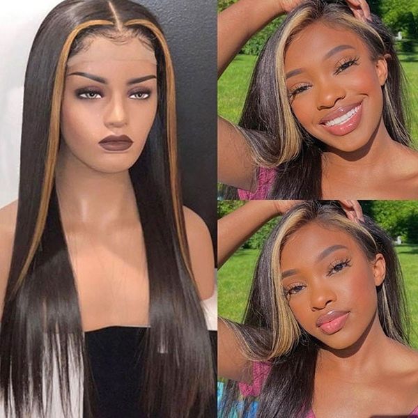 

hoogtepunt kleur 13x4 lace front pruik honing blond hd transparant kant pruiken voor vrouwen body wave menselijk haar, Golden;white