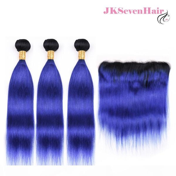 

straight malaysian virgin hair extensions 1b blue 3 bundles with 13inch x 4inch lace frontal brazilian peruvian dark rooted blue hair weaves, Black