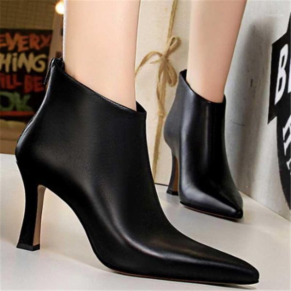 

boots women leather boot 2021 autumn winter fashion heel comfortable pointed back zipper non-slip increase height ankle boot1, Black