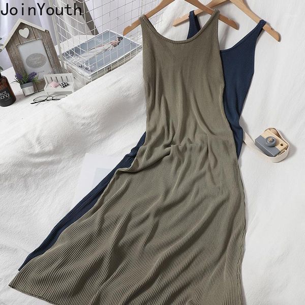

joinyouth dress korean fashion women maxi dresses backless slim fit robe sleeveless solid sling knitted vestidos 7a10821, Black;gray