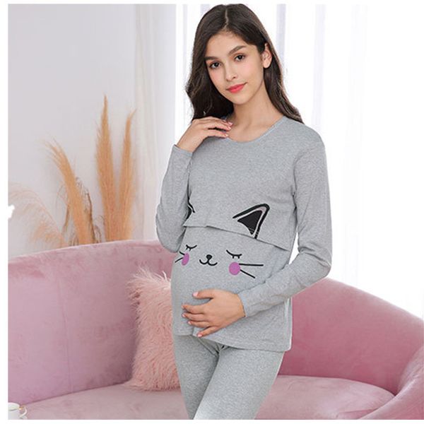 

breastfeeding maternity pajamas cotton maternity nursing clothes for pregnancy women long sleeve pants sleepwear sets lj201114, White