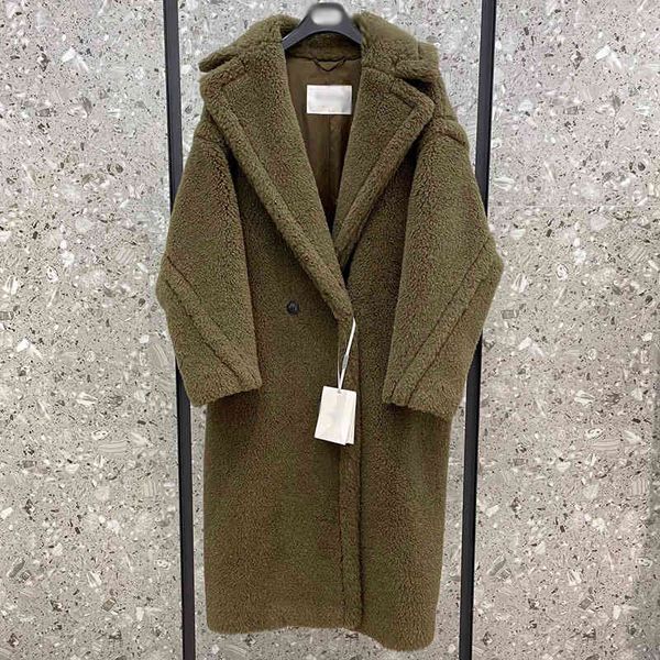 

olive green teddy bear coat femalemax 2022 new trendy brand mara women's coat wool alpaca fur medium length us size, Black