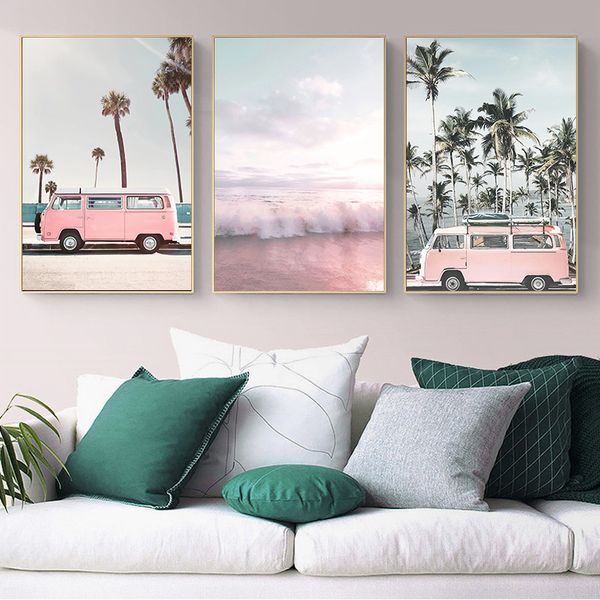 

sea view beach car pineapple wall poster modern style canvas print colorful texture painting contemporary art room decoration picture custom