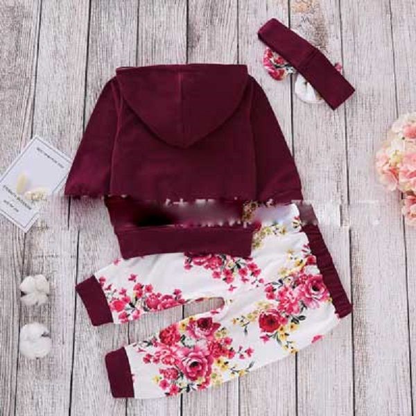 

autumn new style cotton hooded long-sleeved sweater and printed trousers headbands 3 piece set, White