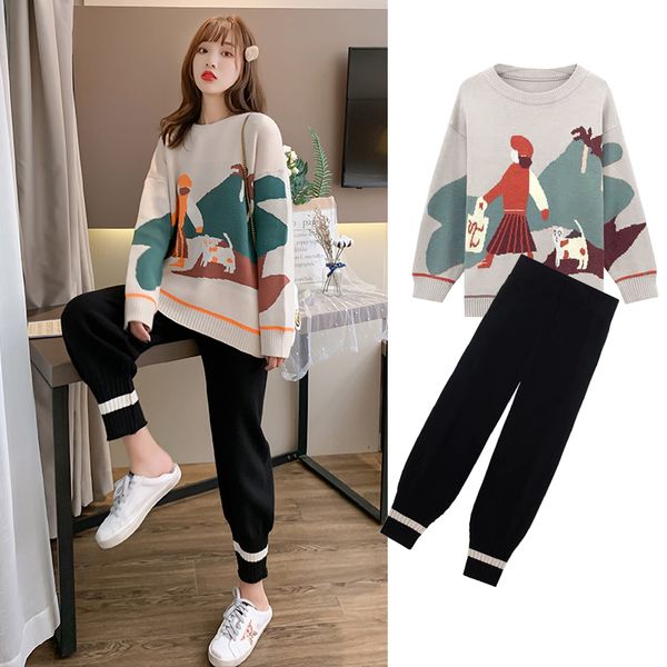 

pregnant women's suit fashionable style going out autumn and winter new loose net red knitted sweater leisure two piece set, White