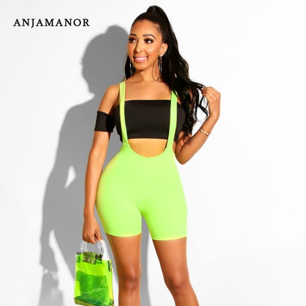 

anjamanor neon green spandex shorts women summer fashion overalls stretchy high waisted sweat biker short pants d54-h14 t200701, White;black