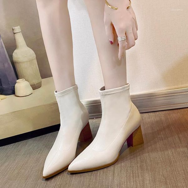 

boots black beige pointed toe ankle women shoes winter square heel short booties high heels 2021 wood heel1