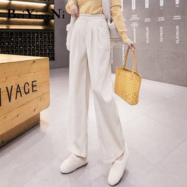 

beiyingni corduroy casual pants womens autumn winter new fashion loose high waist wide leg trousers simple black pantalones, Black;white