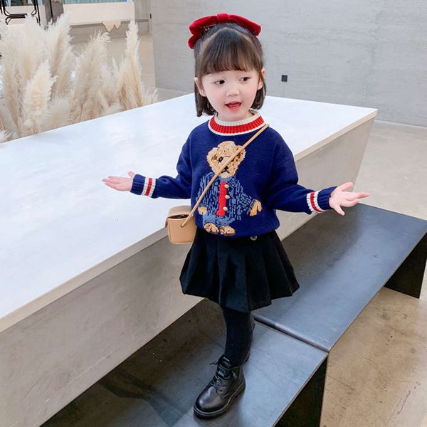 

cloth 2020 new autumn and winter children's cartoon bear sweater girls' striped color matching pullover knitted wtern sle top, Blue