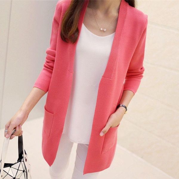 

women long knitted cardigan v-neck long sleeve slim double pockets sweater coat knit jacket solid color open stitch outwear1, White