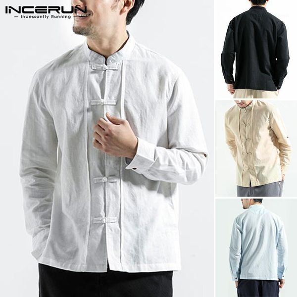 

incerun 2020 men chinese style shirts long sleeve solid color shirt cotton button retro tang suit stand collar plus size1, White;black