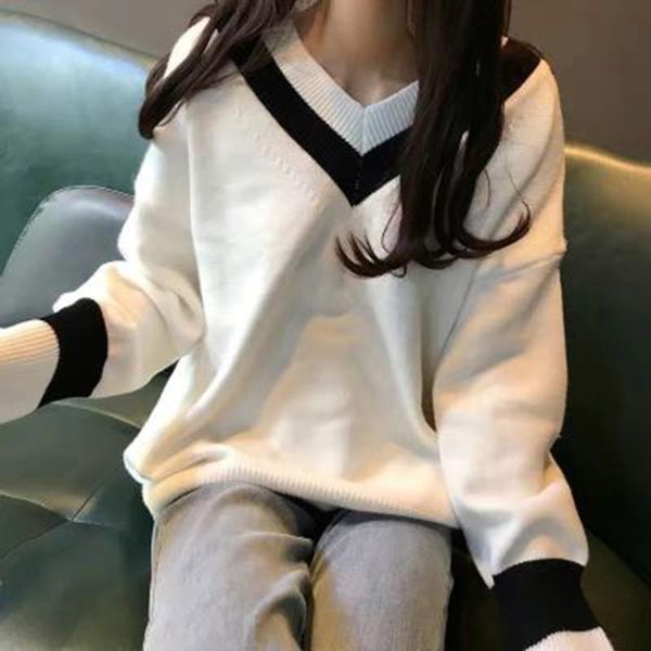 

women's sweaters korean version pullover loose all-match lazy v-neck autumn and winter contrast fashion street fashi base knitting jump, White;black