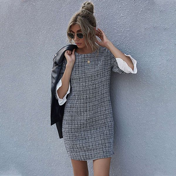 

women's new style small fragrance high waist a-line skirt round neck long sleeve autumn winter dress, Black;gray