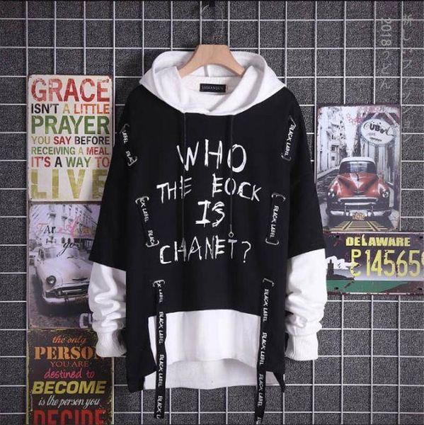 

2020 new men's hip hop sweatshirts fashion extended ripped printed hoodies fake two pieces pullover sportwear for male hoodies, Black