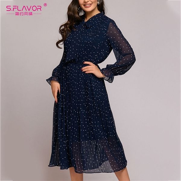 

s.flavor dot print chiffon dress bow neck long sleeve loose mid-length pleated dress a-line chic feminine autumn winter dress 201029, Black;gray