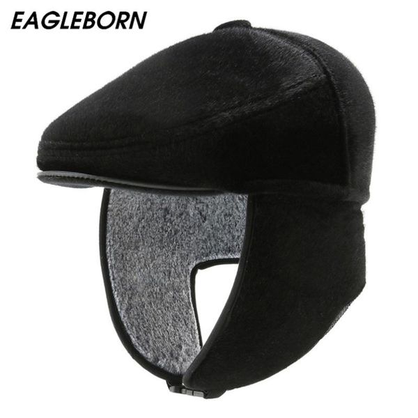 

berets beret peaked hat men winter thickened earmuffs plus velvet warm cotton cap fashion trend russian dad bomber, Blue;gray