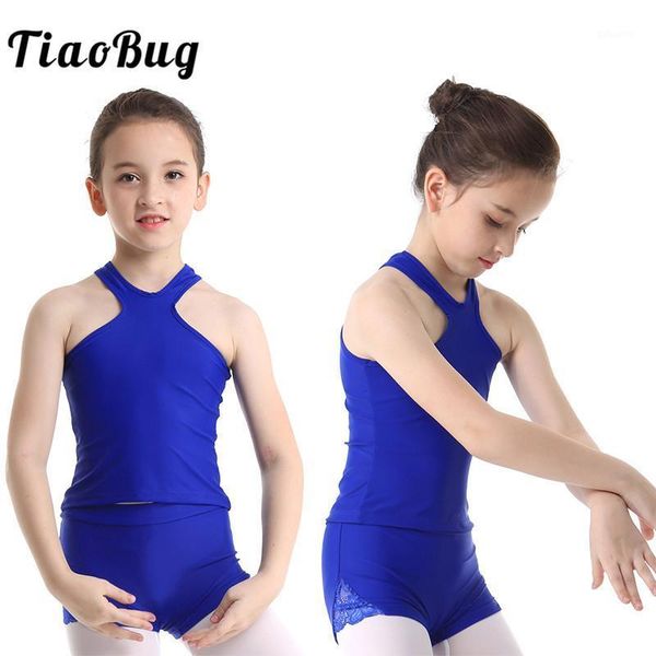 

tiaobug kids teens ballet gymnastics dance costume lace side shorts with racerback children girl two-piece sports dance set1, Black;red