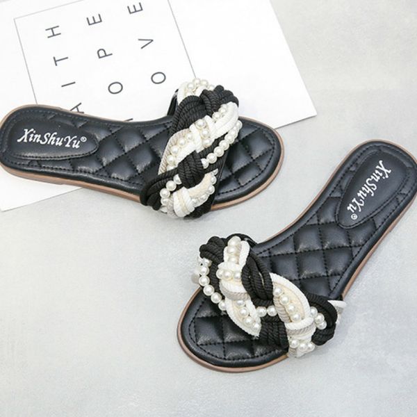 

2021 will see new women's sandals of linen flower pearl fabric beach wear low heels holiday shoes ohvy, Black