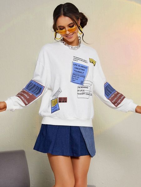 

barcode and slogan graphic drop shoulder pullover z77m#, White;black