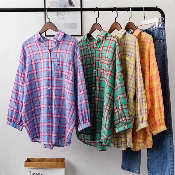 

summer fashion women chic plaid shirts thin oversized sun protection blouse long sleeve casual print stylish female a 012, White