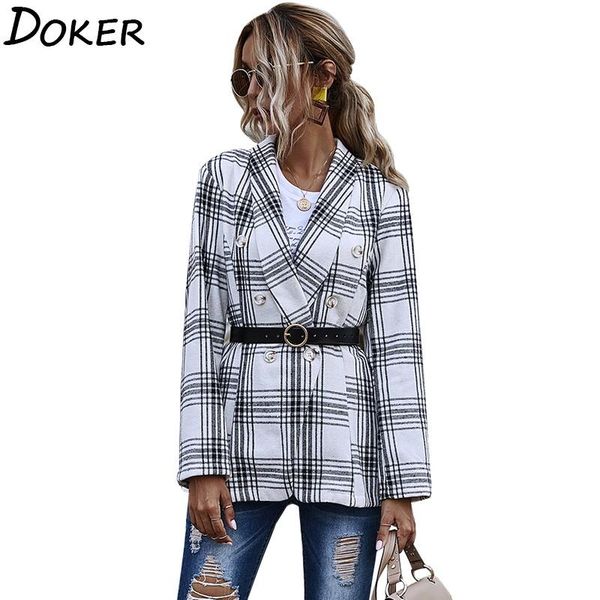 

women plaid blazer autumn winter long sleeve plus size fashion double breasted elegant ladies office coat blazers and jackets, White;black
