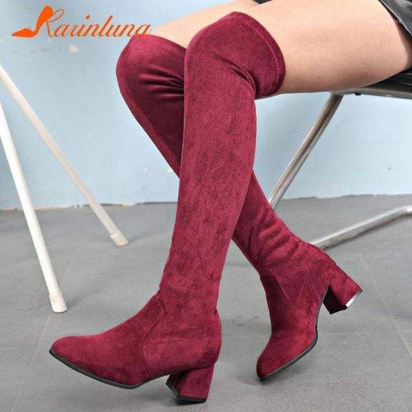 

karin 2020 new arrivals woman shoes elegant pointed toe suqare thick heels over-the-knee boots flock autumn1, Black