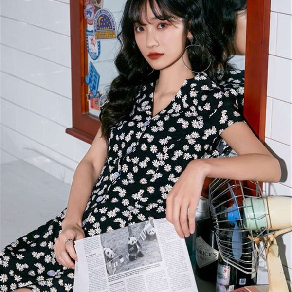 

now france small crowd 2020 summer daisy slim high waisted suit collar girl floral dress, Black;gray