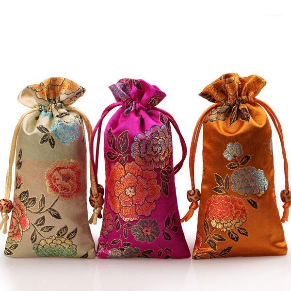 Geschenkpapier verlängern Pfingstrose Blume Kordelzug Tasche Kamm Schmuck Perlen Halskette Aufbewahrungsbeutel Seide Brokat Handwerk Verpackung Tasche1