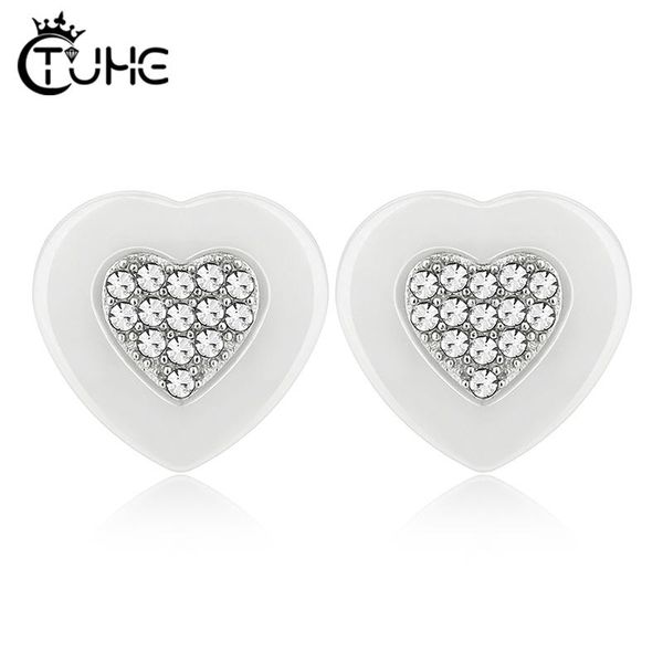 

stud heart shaped earrings for women girls with black white smooth ceramic cubic zircon 2021 trend jewelry christmas gift, Golden;silver