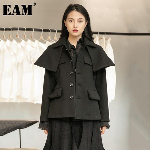 

eam] loose fit black shaped big size short woolen coat parkas new long sleeve women fashion tide autumn winter 2020 1dd1633