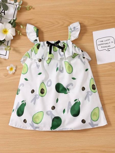 

baby letter and fruit print ruffle trim dress she, Red;yellow