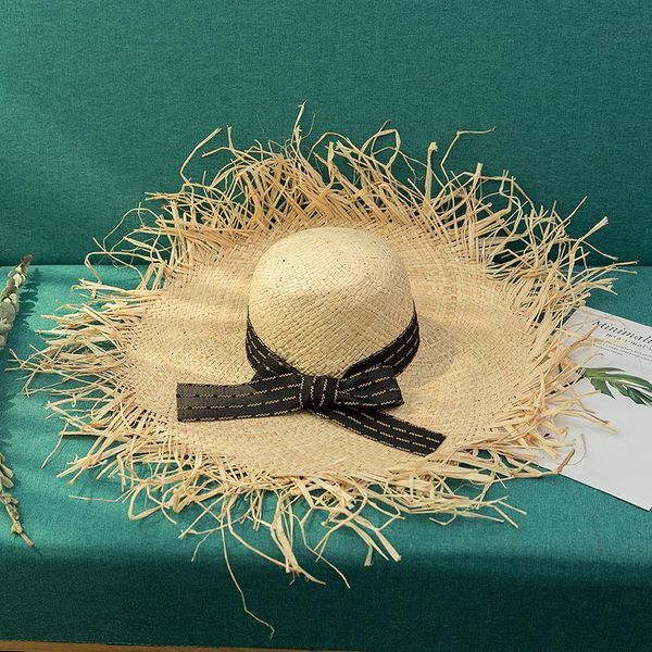 

wide brim hats summer simple solid color hand woven bow raffias ladies sun hat with big straw outdoor beach, Blue;gray