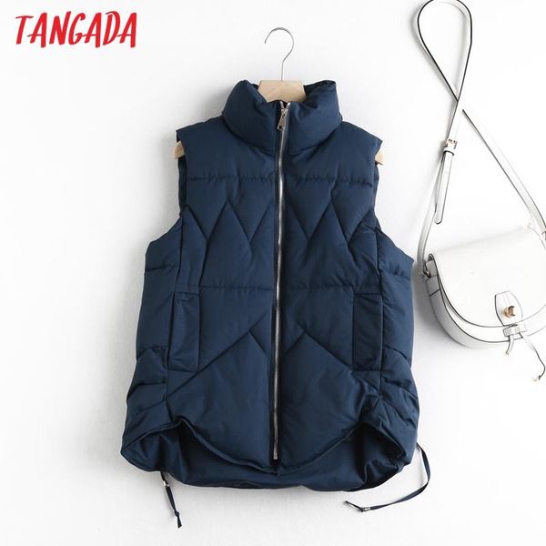 

tangada 2020 winter navy vest for women waistcoat zipper sleeveless jacket pocket warm long vest cotton feminino 5y2, Black;white