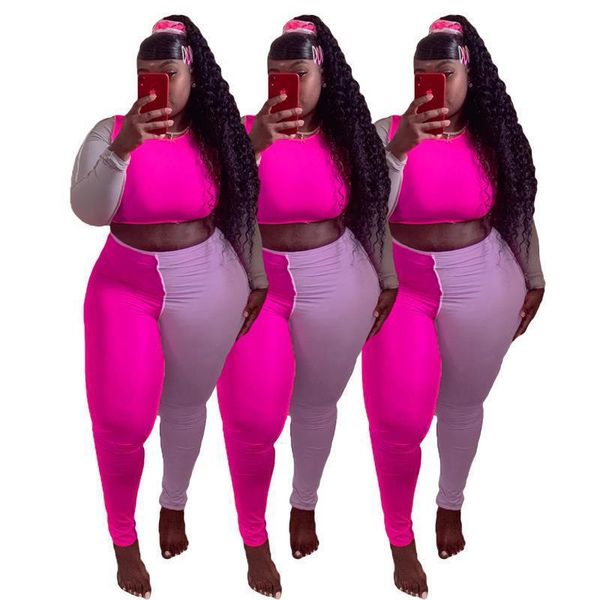 

women's color block splicing fashion leisure sports suit two piece set, Gray