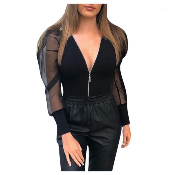 

fashion patchwork black mesh v neck zipper puff sleeve bodysuit women party night clubwear jumpsuits for women 2019 long sleeve1, Black;white