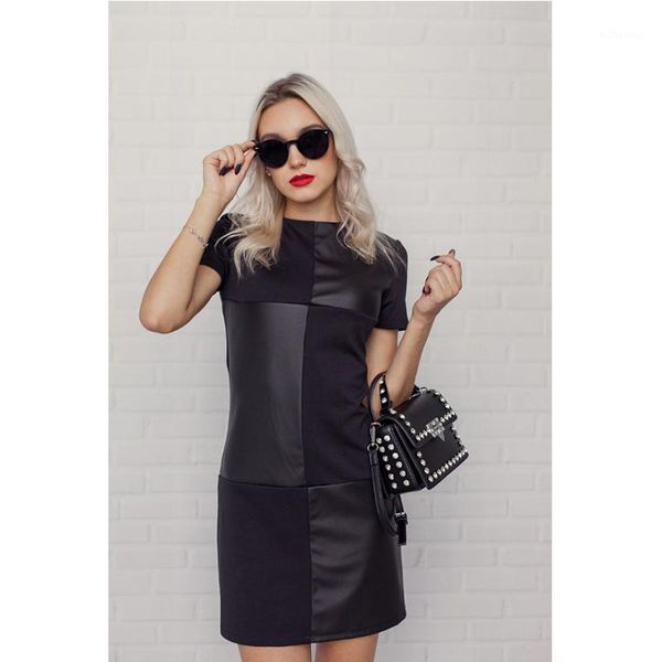 

women vintage leather patchwork elegant office dress long sleeve o neck solid casual mini dress 2019 winter new fashion1, Black;gray
