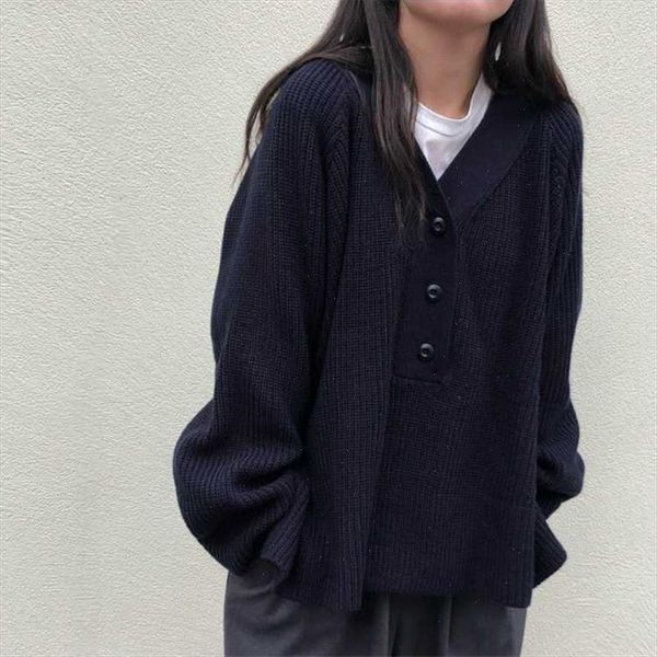 

vintage soft v neck 2021 retro warm elegant knitted casual simple solid loose sweaters 2 types, White;black