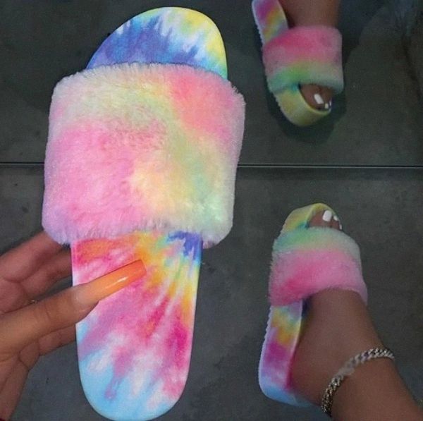 

faux fur woman shliiper high heels sliders fashion chunky sole fox fur slippers platform slip on slides outside furry shoes #xm4a, Black