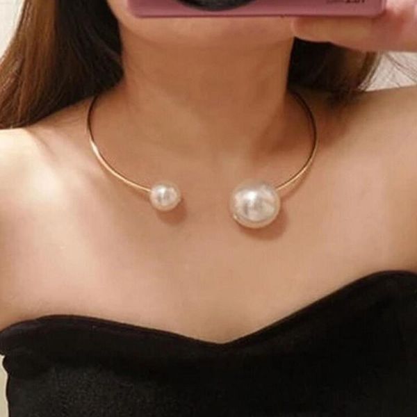 

chokers double simulated pearl adjustable open choker necklace circle round cuff statement jewelry, Golden;silver