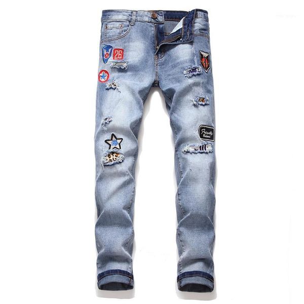 

men jeans embroidery leisure pants male slim fit personality hole oem blue straight cylinder jeans zi male1