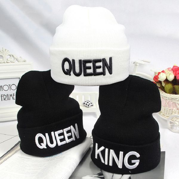 

king queen knitted hat men women black three dimensional embroidery fashion outdoor keep warm elastic beanie new pattern 5js j2